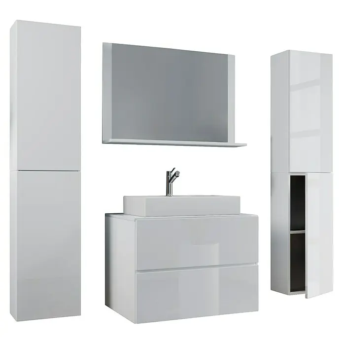 VCM Lendas Badmöbel-Set - 147 cm, Weiß - Elegantes Badezimmerset mit Waschtischunterschrank, Aufsatzwaschbecken, Spiegelschrank und Hochschränken in strahlendem Weiß.