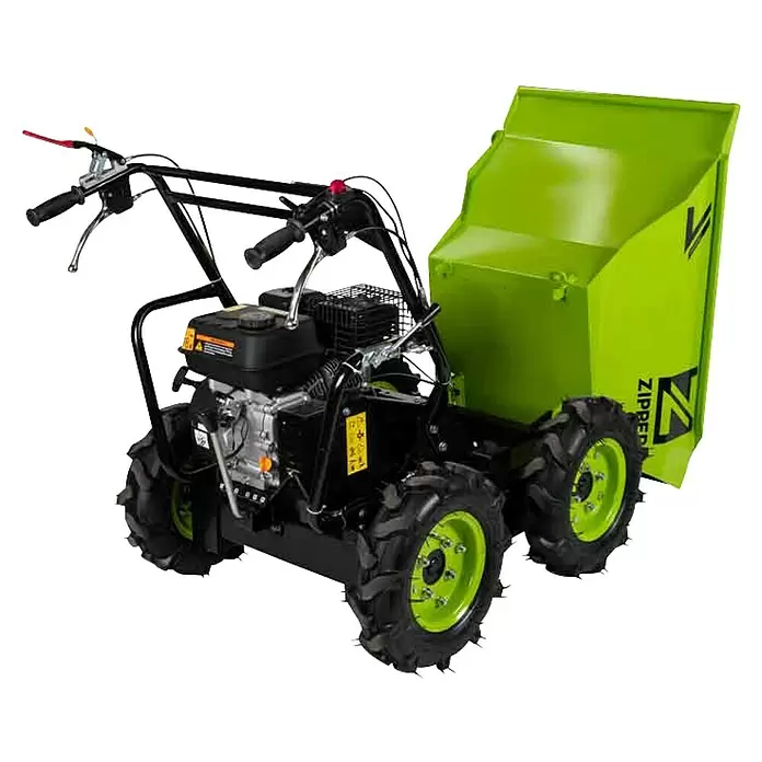 Zipper Raddumper ZI-RD300 - Motorbetrieben, Fassungsvermögen: 125 l - Grüner und schwarzer motorisierter Dumper mit offener Mulde und großen, robusten Rädern zum Materialtransport.