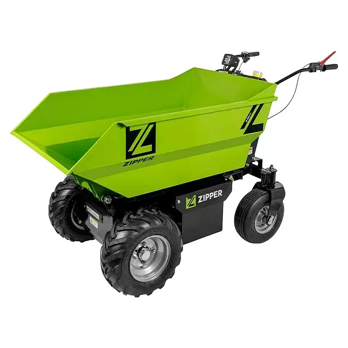Zipper Raddumper ZI-ED500 - Akkuspannung: 48 V, 1 Akku, 32 Ah - Limettengrüner Elektrodumper mit robusten schwarzen Rädern und Griffen.