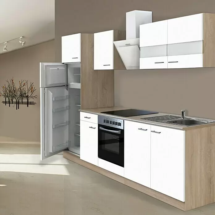 Respekta Cocina compacta Merle - Ancho: 270 cm, Blanco, Con electrodomésticos - Mueble de cocina moderno con puertas blancas y paneles de madera clara, con nevera, horno, vitrocerámica y fregadero, en un diseño funcional.