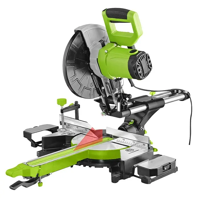 Zipper Kapp- & Gehrungssäge ZI-KGS255DS - 2.000 W, Durchmesser Sägeblatt: 255 mm - Eine grüne und graue Kapp- und Gehrungssäge, die für präzise Holzschnitte entwickelt wurde. Ideal für Heimwerker und Profis.