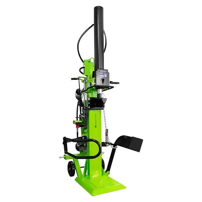 Zipper Holzspalter ZI-HS30EZ - 30 t, Max. Spaltgutlänge: 1.100 mm - Leuchtend grüner, vertikaler Holzspalter mit schwarzem Hydraulikzylinder und Transporträdern.