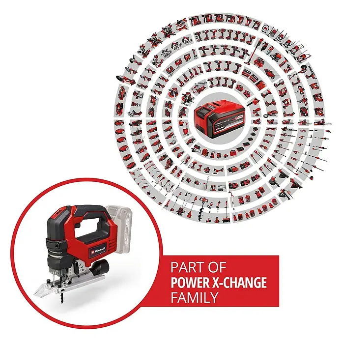 Einhell Professional Power X-Change 18V Akku-Pendelhubstichsäge TP-JS 18/135 Li BL - Solo - 18 V, Anzahl Akkus: Ohne Akku, 3.500 /min - Bild einer Einhell Akku-Stichsäge, Teil der Power X-Change Familie, mit Akku und dem Power X-Change Sortiment im Hintergrund.