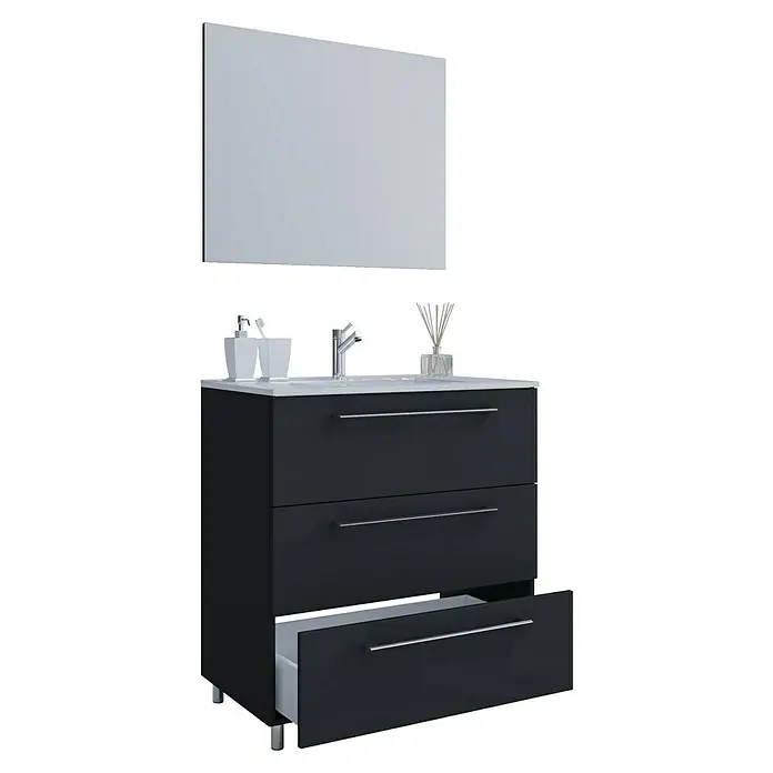 VCM Badinos Badmöbel-Set - 80 cm, Schwarz, Farbe Waschbecken: Weiß - Elegantes Badezimmer-Waschbecken mit drei Schubladen und einem modernen Spiegel. Ideal für jedes Badezimmerdesign.