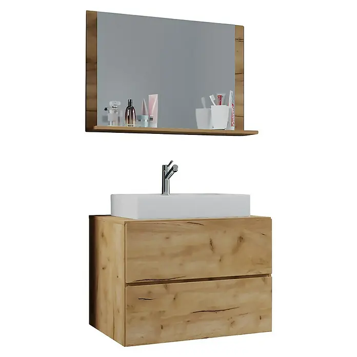 VCM Lendas Badmöbel-Set - 60 cm, Honig-Eiche - Stilvoller Waschtisch mit Holzunterschrank und Spiegelablage für ein modernes Badezimmerambiente.