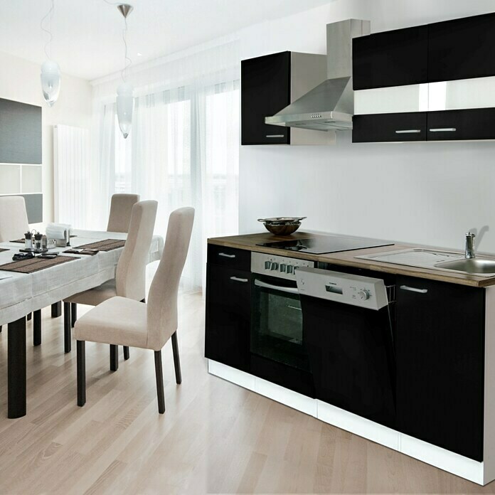 Respekta Composición de cocina (Ancho: 220 cm, Con dispositivos eléctricos, Negro)