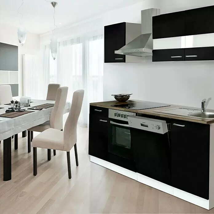 Respekta Cocina compacta Malia - Ancho: 220 cm, Negro, Decoración encimera: Efecto madera, Volumen horno: 72 l - Cocina moderna negra con encimera de madera clara y electrodomésticos de acero inoxidable, integrada en una luminosa zona de comedor.