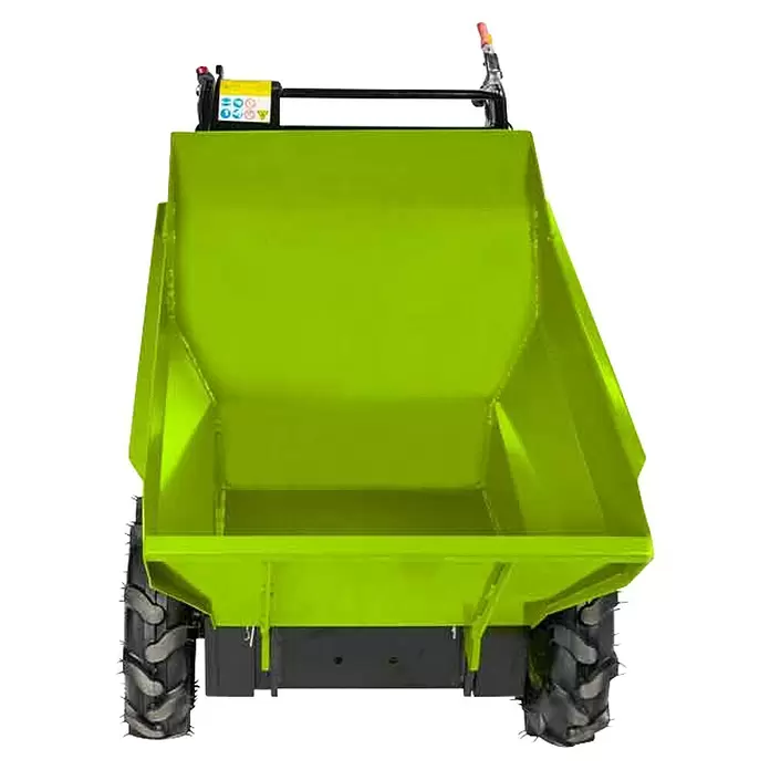 Zipper Raddumper ZI-RD300 - Motorbetrieben, Fassungsvermögen: 125 l - Rückansicht eines lindgrünen Kompaktdumpers mit großer Mulde und grobstolligen Reifen.