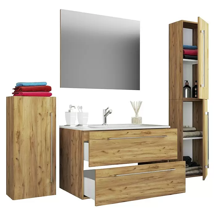 VCM Badinos Badmöbel-Set - 80 cm, Honig-Eiche, 5 -tlg. - Badezimmermöbel-Set aus hellem Holz mit Waschbecken, Spiegel und zwei Schränken.