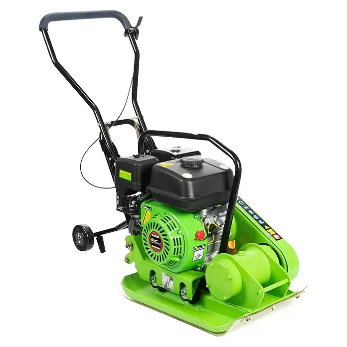 Zipper Rüttelplatte ZI-RPE60 - Motorleistung: 4.100 W, 3,6 l - Hellgrüne und schwarze Rüttelplatte mit großem Griff und sichtbarem Motor zum Verdichten von Böden.