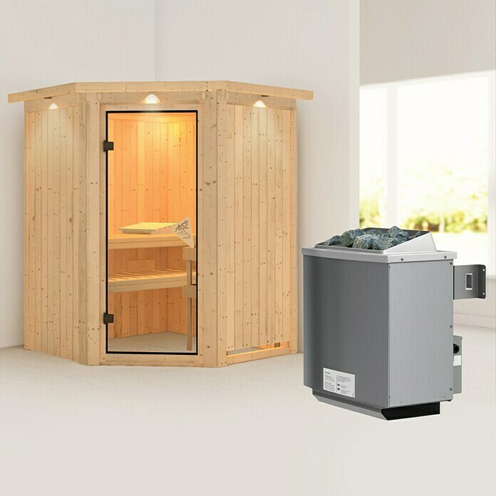 Karibu Elementsauna Larin (Mit 9 kW Ofen mit integrierter Steuerung, Mit Dachkranz und Beleuchtung, L x B x H: 165 x 165 x 192 cm)
