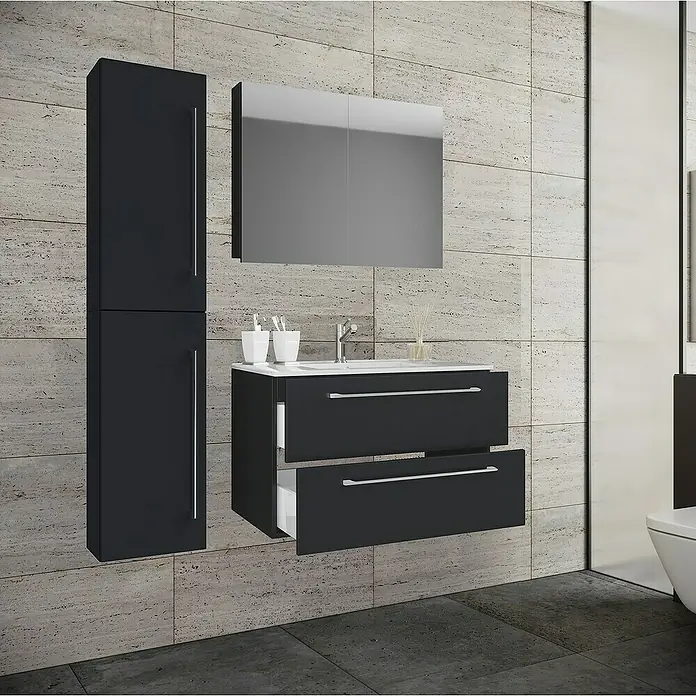 VCM Badinos Badmöbel-Set SPS - 61 cm, Schwarz - Schwarzer Waschtischunterschrank mit zwei Schubladen, Spiegelschrank und Hochschrank in modernem Badezimmerdesign.