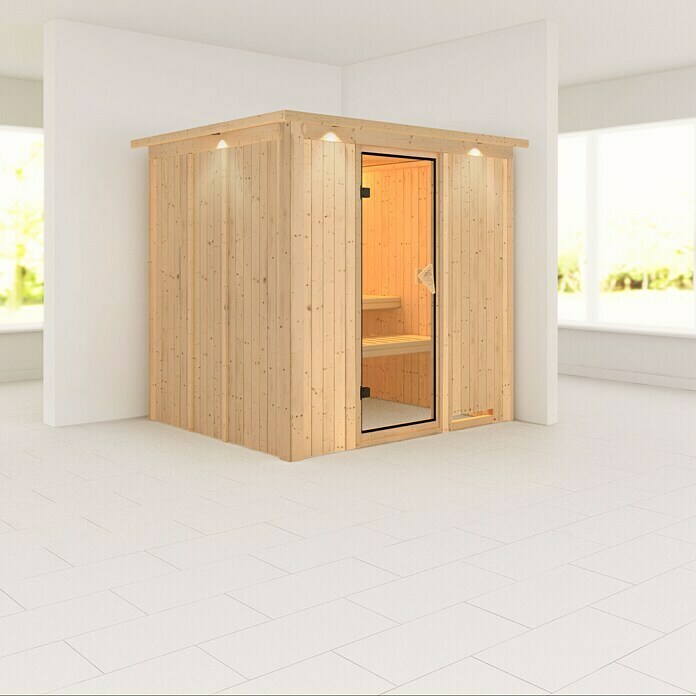Karibu Elementsauna Sodin (Ohne Ofen, Mit Dachkranz und Beleuchtung, L x B x H: 210 x 184 x 192 cm)