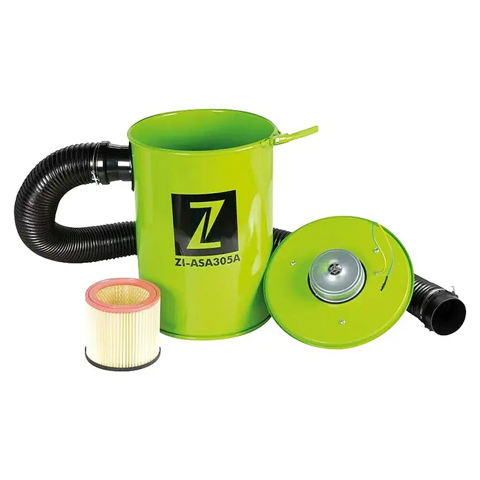 Zipper Absauganlage ZI-ASA305A - 50 l, 1.100 W - Produktbild des Zi-ASA305A Absaugsystems, bestehend aus Filter, Sammelbehälter und Schlauchanschlüssen, in grüner Farbe.