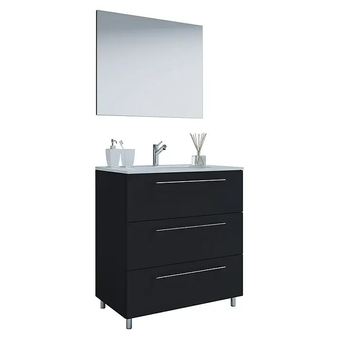 VCM Badinos Badmöbel-Set - 60 cm, Schwarz, Farbe Waschbecken: Weiß - Elegantes Badezimmermöbel-Set in Schwarz mit Waschbecken, Spiegel und drei Schubladen für stilvolle Badgestaltung.