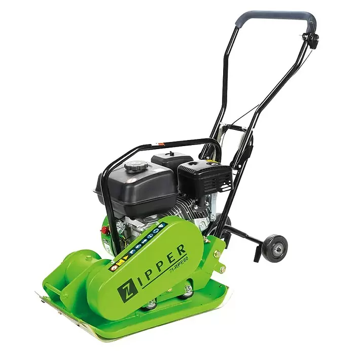 Zipper Rüttelplatte ZI-RPE60 - Motorleistung: 4.100 W, 3,6 l - Leuchtend grüne und schwarze Rüttelplatte mit Motor und ergonomischem Griff.