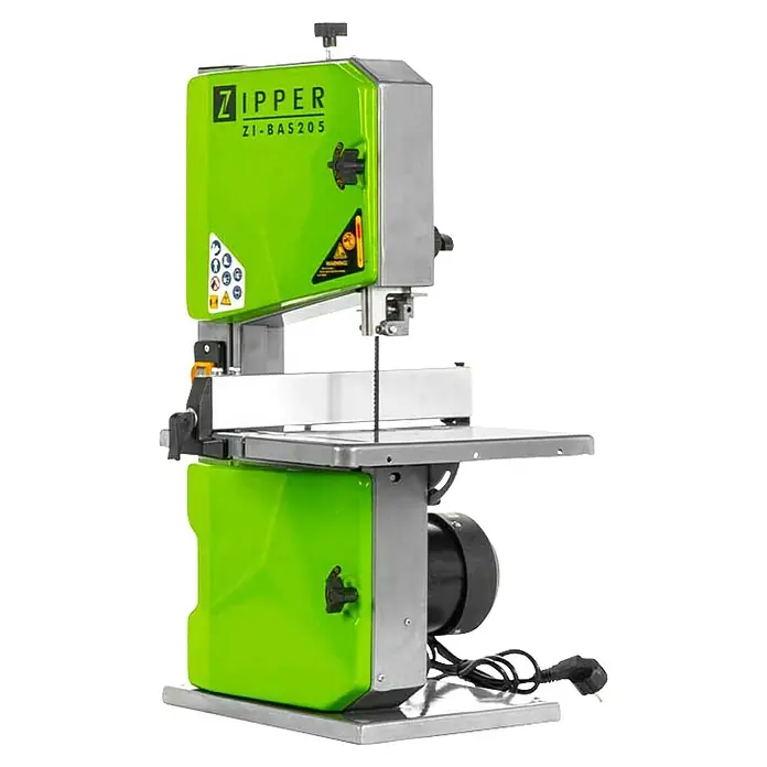 Zipper Bandsäge ZI-BAS205250 W, Schwenkbarer Sägetisch, Sägebandbreite: 3,5 mm - 12 mm - Eine grüne Zipper ZI-BAS205 Bandsäge, ideal für präzise Holzschnitte in Werkstätten, mit robustem Aufbau und einfacher Bedienung für Hobbyanwender und Profis.