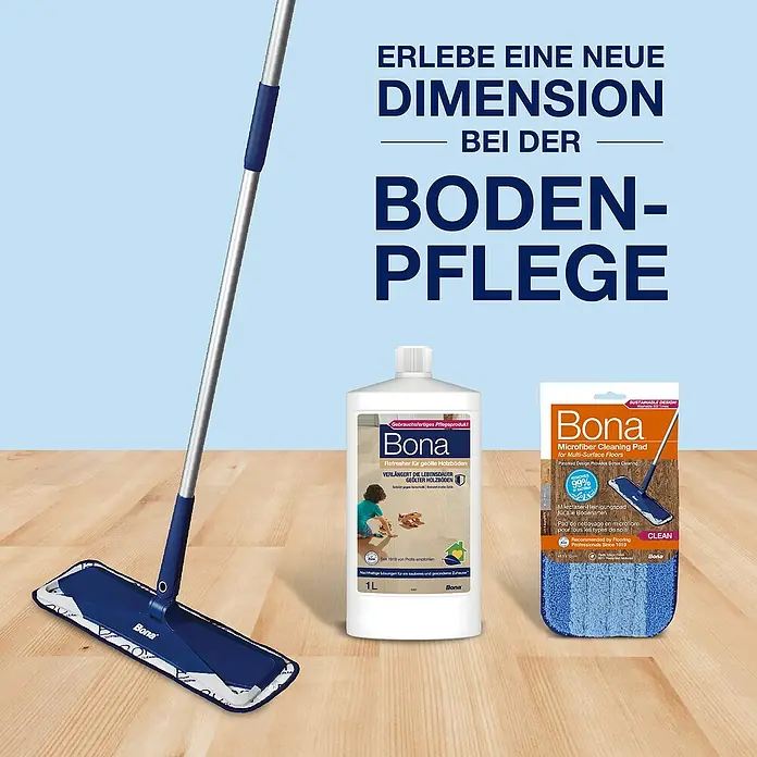 Bona Öl-Refresher für geölte Holzböden - 1 l, Geeignet für: Geöltes Parkett - Abbildung von Bona Bodenpflegeprodukten, inklusive Mopp, Reiniger für geölte Böden und Mikrofaser-Reinigungspad.