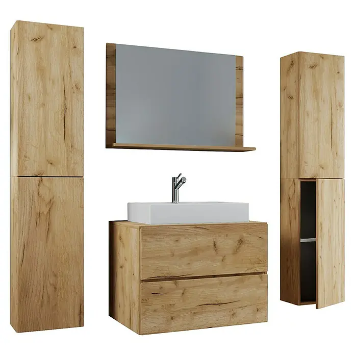VCM Lendas Badmöbel-Set - 127 cm, Honig-Eiche - Badezimmermöbel-Set mit Waschtischunterschrank, Aufsatzwaschbecken, Spiegelschrank und zwei Hochschränken in Holzoptik.