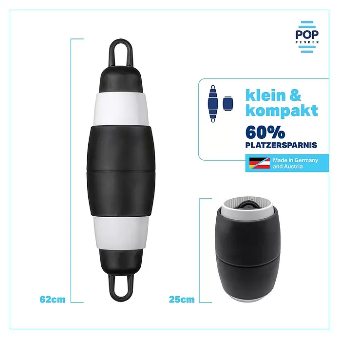Multifender POP Zebra - Durchmesser: 16,5 cm, Verstellbar: 25 cm - 62 cm, Schwarz/Weiß - Zusammenklappbarer schwarz-weißer Bootsfender, ausgefahren 62cm und zusammengeklappt 25cm zur kompakten Lagerung.