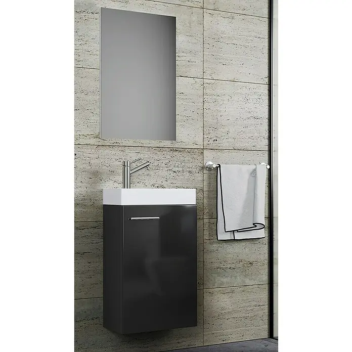 VCM Badmöbel-Set Slito - Gesamtbreite Badmöbel: 41 cm, Schwarz, Glänzend, 3 -tlg. - Modernes Badezimmer mit grauem Waschtischunterschrank, weißem Waschbecken und großem Spiegel. Handtuchhalter mit weißem Handtuch an der Wand.