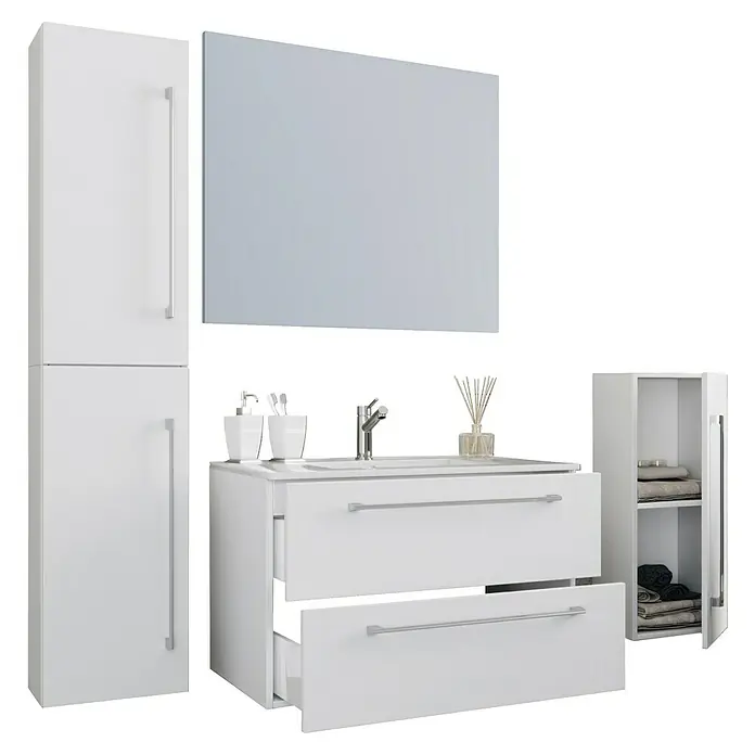 VCM Badinos Badmöbel-Set - 80 cm, Weiß, 5 -tlg. - Elegantes Badezimmerset in Weiß mit Waschtischunterschrank, Spiegelschrank und Hochschrank für ein modernes Badambiente.
