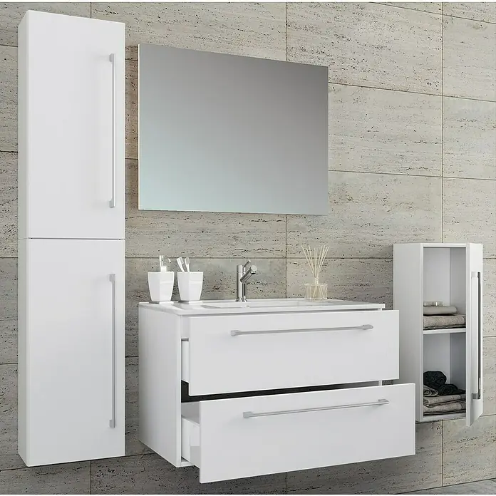 VCM Badinos Badmöbel-Set - 80 cm, Weiß, 5 -tlg. - Modernes Badezimmer-Set in Weiß mit Waschtischunterschrank, Spiegelschrank und Hochschrank für ein stilvolles Ambiente.