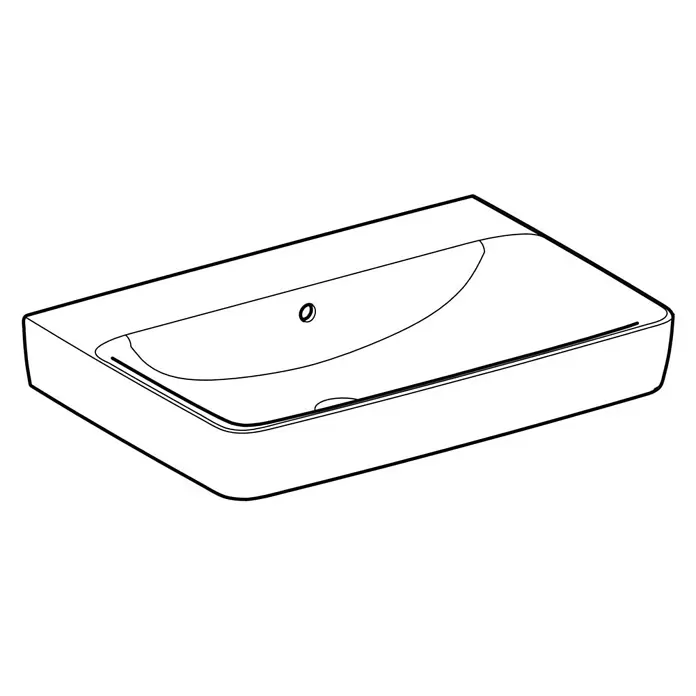 Geberit Renova Plan Waschtisch - 70 x 48 cm, Mit schmutzabweisender Glasur, Hahnloch: Ohne, Mit Überlauf, Weiß - Rechteckiges Waschbecken mit integriertem geschwungenem Becken, Hahnloch und Überlauf.