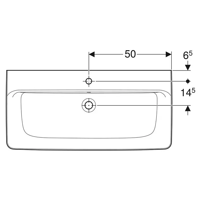 Geberit Renova Plan Aufsatzwaschbecken - 100 x 48 cm, Mit schmutzabweisender Glasur, Hahnloch: Mitte, Mit Überlauf, Weiß - Technische Zeichnung eines rechteckigen Waschtischs mit markierten Positionen für Armatur und Ablauf, inklusive Bemaßung.