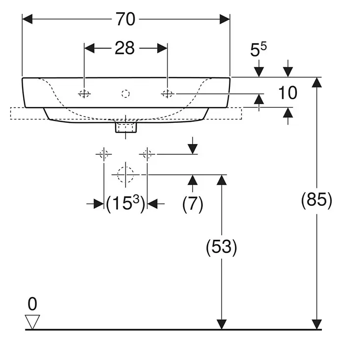 Geberit Renova Plan Aufsatzwaschbecken - 70 x 48 cm, Ohne Spezialglasur, Hahnloch: Mitte, Mit Überlauf, Weiß - Technische Zeichnung eines Waschbeckens mit allen relevanten Abmessungen für die Installation.