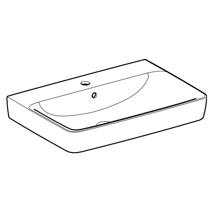 Geberit Renova Plan Waschtisch - 70 x 48 cm, Ohne Spezialglasur, Hahnloch: Mitte, Mit Überlauf, Weiß - Weißes rechteckiges Waschbecken mit geschwungener Mulde, Hahnloch und Überlauf.