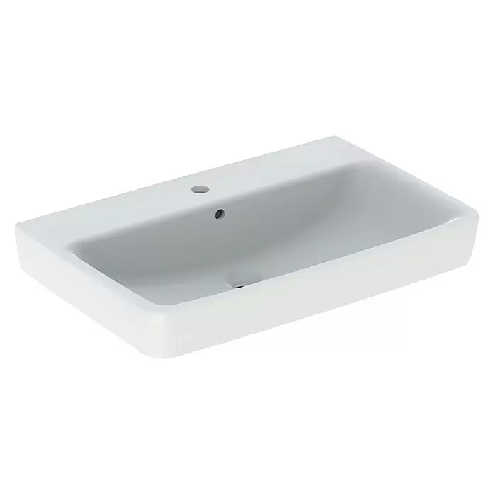 Geberit Renova Plan Waschtisch - 75 x 48 cm, Ohne Spezialglasur, Hahnloch: Mitte, Mit Überlauf, Weiß - Weißes Keramik-Waschbecken mit Überlauf und Hahnloch.