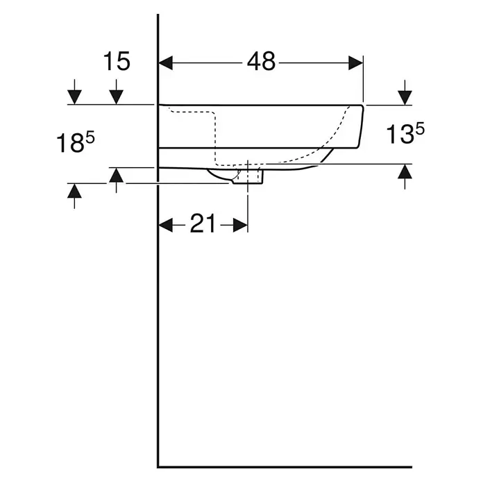 Geberit Renova Plan Waschtisch - 70 x 48 cm, Mit schmutzabweisender Glasur, Hahnloch: Ohne, Ohne Überlauf, Weiß - Technische Seitenansicht eines wandmontierten Waschbeckens mit Maßen (z.B. 48 tief, 13,5 hoch) zur Installation.