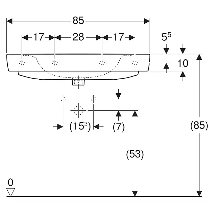 Geberit Renova Plan Waschtisch - 85 x 48 cm, Ohne Spezialglasur, Hahnloch: Mitte, Ohne Überlauf, Weiß - Technische Zeichnung eines Waschbeckens mit Maßen für Montage und Anschlusspunkte.