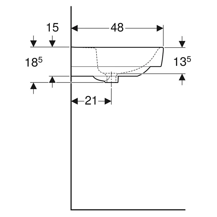 Geberit Renova Plan Waschtisch - 90 x 48 cm, Mit schmutzabweisender Glasur, Hahnloch: Ohne, Ohne Überlauf, Weiß - Technische Zeichnung einer Waschtisch-Seitenansicht mit wichtigen Installationsmaßen.