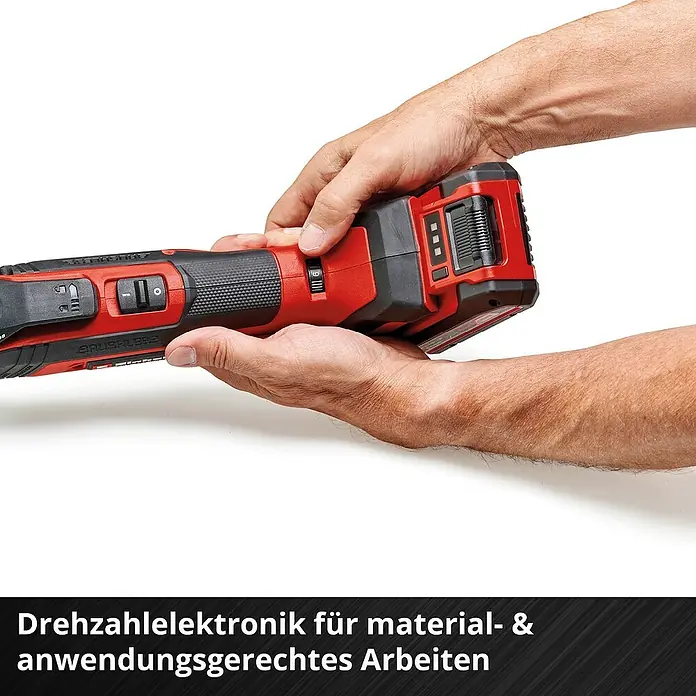 Einhell Professional Power X-Change 18V Akku-Multifunktionswerkzeug TP-MG 18 Li BL-Solo - 18 V, Ohne Akku, Oszillationswinkel: 3,2 ° - Abgebildet ist ein Akku-betriebenes Multifunktionswerkzeug in roter Farbe, das von zwei Händen gehalten wird.