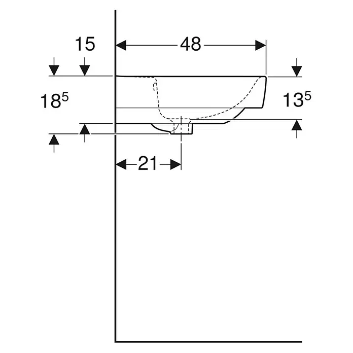 Geberit Renova Plan Waschtisch - 90 x 48 cm, Mit schmutzabweisender Glasur, Hahnloch: Ohne, Mit Überlauf, Weiß - Technische Zeichnung eines Waschbeckens, Seitenansicht, mit wichtigen Installationsmaßen.