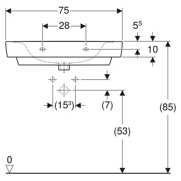 Geberit Renova Plan Waschtisch - 75 x 48 cm, Mit schmutzabweisender Glasur, Hahnloch: Ohne, Ohne Überlauf, Weiß - Technische Zeichnung eines Waschbeckens mit wichtigen Installationsmaßen, wie Gesamtbreite (75) und Höhe (85).