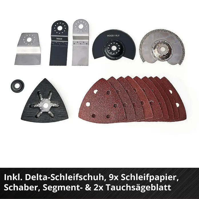Einhell Professional Power X-Change 18V Akku-Multifunktionswerkzeug TP-MG 18 Li BL-Solo - 18 V, Ohne Akku, Oszillationswinkel: 3,2 ° - Sortiment an Werkzeugaufsätzen, inkl. Deltaschleifschuh, Schleifpapier, Schaber, Segment- und Tauchsägeblätter für vielfältige Anwendungen.