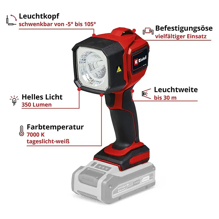 Einhell Power X-Change 18V Akku-Lampe TC-CL 18/350 Li-Solo - 18 V, Ohne Akku, 350 lm - Das Bild zeigt eine rote und schwarze Einhell Akku-Lampe mit den wichtigsten Produkteigenschaften hervorgehoben.