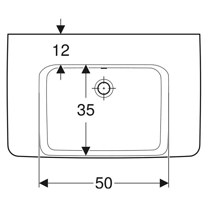 Geberit Renova Plan Waschtisch - 75 x 48 cm, Mit schmutzabweisender Glasur, Ohne Hahnloch/Mit Überlauf, Weiß - Technische Zeichnung, Aufsicht auf ein rechteckiges Waschbecken. Hauptmaße: 50 Breite, 35 Innentiefe, 12 vorderer Rand, Hahnloch.