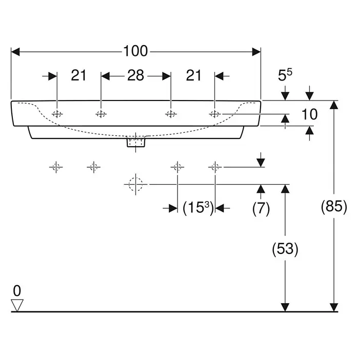 Geberit Renova Plan Doppelwaschtisch - 100 x 48 cm, Ohne Spezialglasur, Hahnloch: Sonstige, Mit Überlauf, Weiß - Technische Zeichnung eines Waschbeckens, Frontansicht, mit Installationsmaßen.