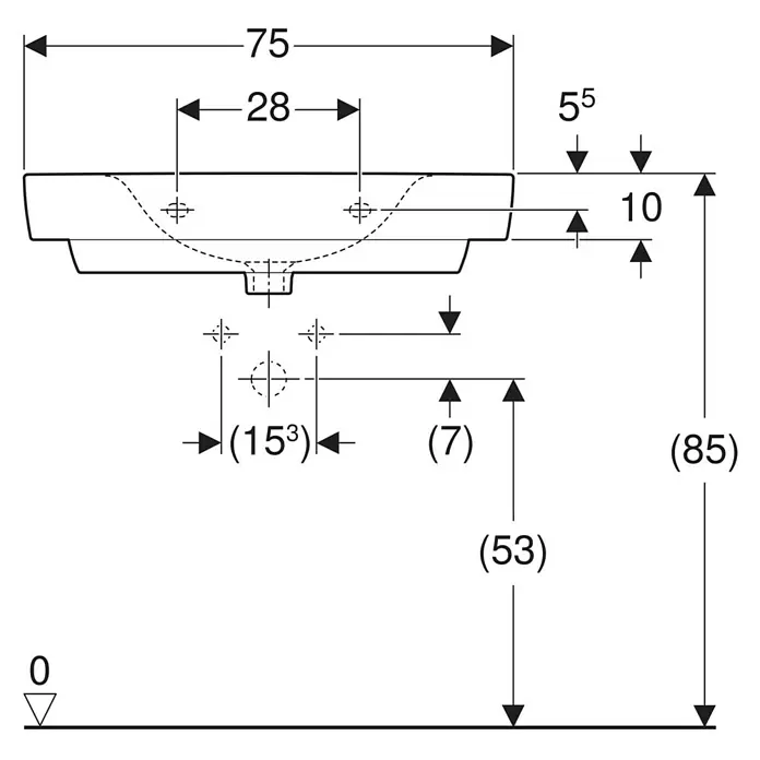 Geberit Renova Plan Waschtisch - 75 x 48 cm, Ohne Spezialglasur, Ohne Hahnloch/Ohne Überlauf, Weiß - Technische Zeichnung eines Waschbeckens mit Maßen.