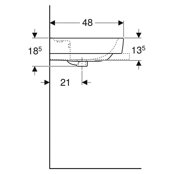 Geberit Renova Plan Aufsatzwaschbecken - 60 x 48 cm, Mit schmutzabweisender Glasur, Hahnloch: Ohne, Ohne Überlauf, Weiß - Technische Zeichnung einer wandhängenden WC-Schüssel, Seitenansicht, mit Maßen wie 48 Tiefe und 18,5 Höhe.