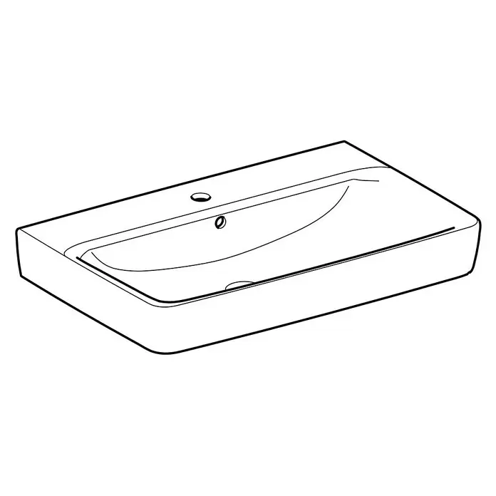 Geberit Renova Plan Waschtisch - 75 x 48 cm, Mit schmutzabweisender Glasur, Hahnloch: Mitte, Mit Überlauf, Weiß - Rechteckiges weißes Keramik-Waschbecken mit einem Hahnloch und Überlauf.