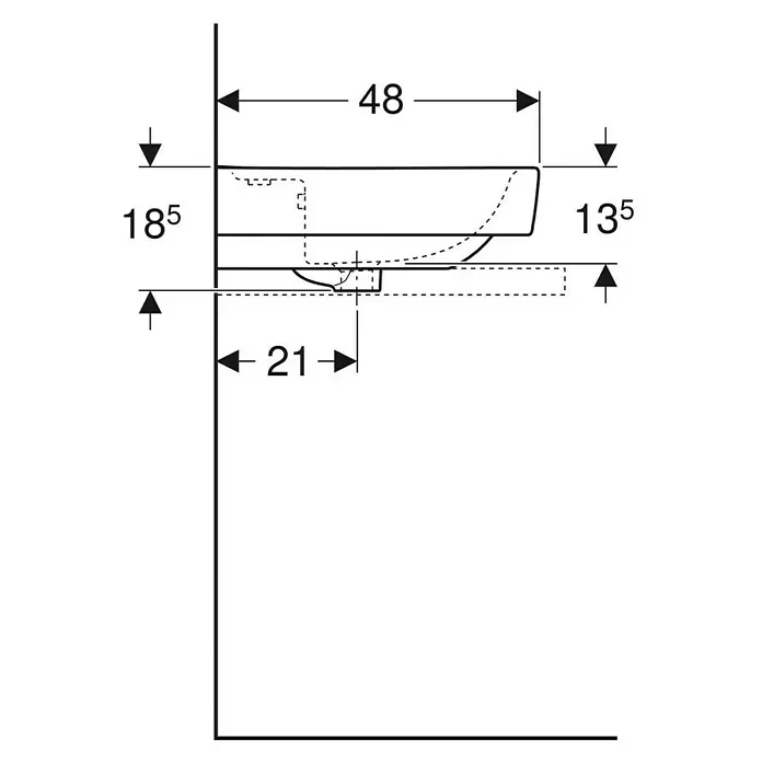 Geberit Renova Plan Aufsatzwaschbecken - 100 x 48 cm, Mit schmutzabweisender Glasur, Hahnloch: Mitte, Mit Überlauf, Weiß - Technische Zeichnung eines wandmontierten Waschbeckens, Seitenansicht mit Maßen.
