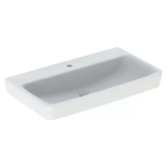 Geberit Renova Plan Waschtisch - 85 x 48 cm, Ohne Spezialglasur, Hahnloch: Mitte, Ohne Überlauf, Weiß - Weißes rechteckiges Keramikwaschbecken mit einer Hahnlochbohrung und einem Überlauf.