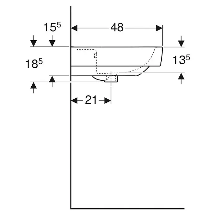 Geberit Renova Plan Waschtisch - 75 x 48 cm, Ohne Spezialglasur, Hahnloch: Ohne, Mit Überlauf, Weiß - Technische Seitenansicht mit Installationsmaßen für ein Waschbecken.