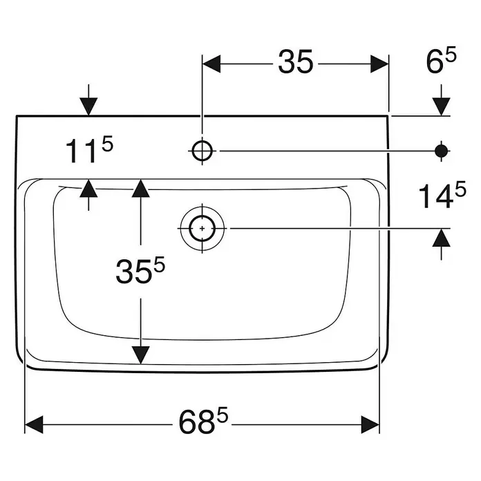 Geberit Renova Plan Waschtisch - 70 x 48 cm, Ohne Spezialglasur, Hahnloch: Mitte, Ohne Überlauf, Weiß - Technische Draufsicht auf ein Waschbecken mit Maßen für Breite, Tiefe und Positionen für Armatur und Ablauf.