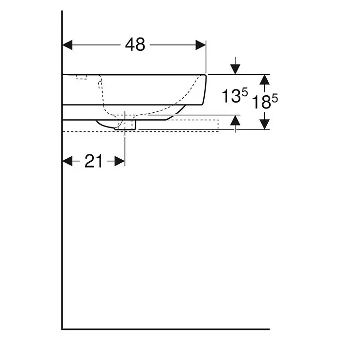 Geberit Renova Plan Aufsatzwaschbecken - 90 x 48 cm, Ohne Spezialglasur, Hahnloch: Mitte, Mit Überlauf, Weiß, Mit Ablagefläche - Technische Zeichnung eines Wandwaschbeckens mit Maßen: 48 cm Tiefe, 21 cm Ablaufversatz, 13,5-18,5 cm Höhe.
